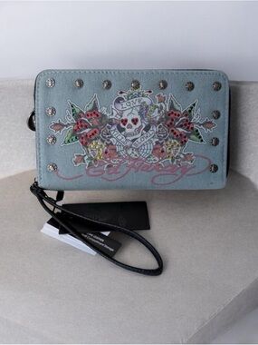 Ed Hardy Light Blue Skull & Floral Crystal-Embellished Wristlet wallet denim